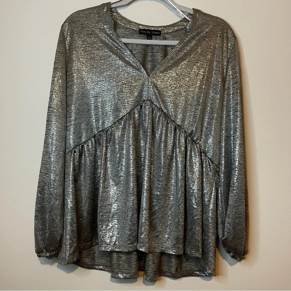 KIM & CAMI Metallic Shimmery Silver Peasant Blouse Top